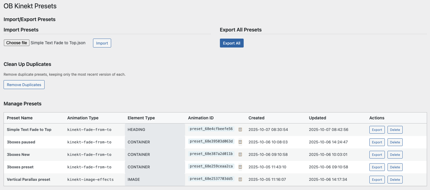 presets management in WP Admin